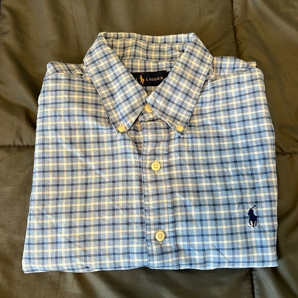 Ralph Lauren Blue Plaid Button Down Shirt Size Large